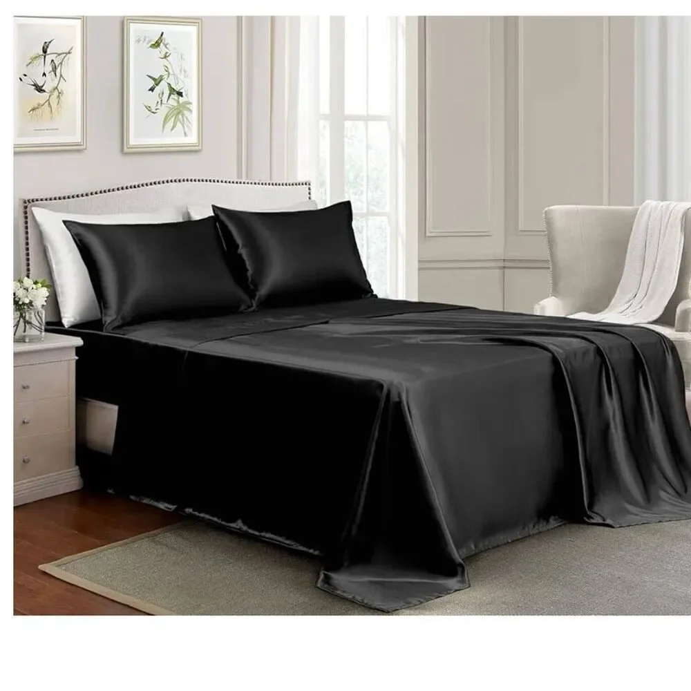 NWT Gorgeous Honeymoon Queen Black Luxury Soft Shiny Smooth Satin 4 pc Sheet Set